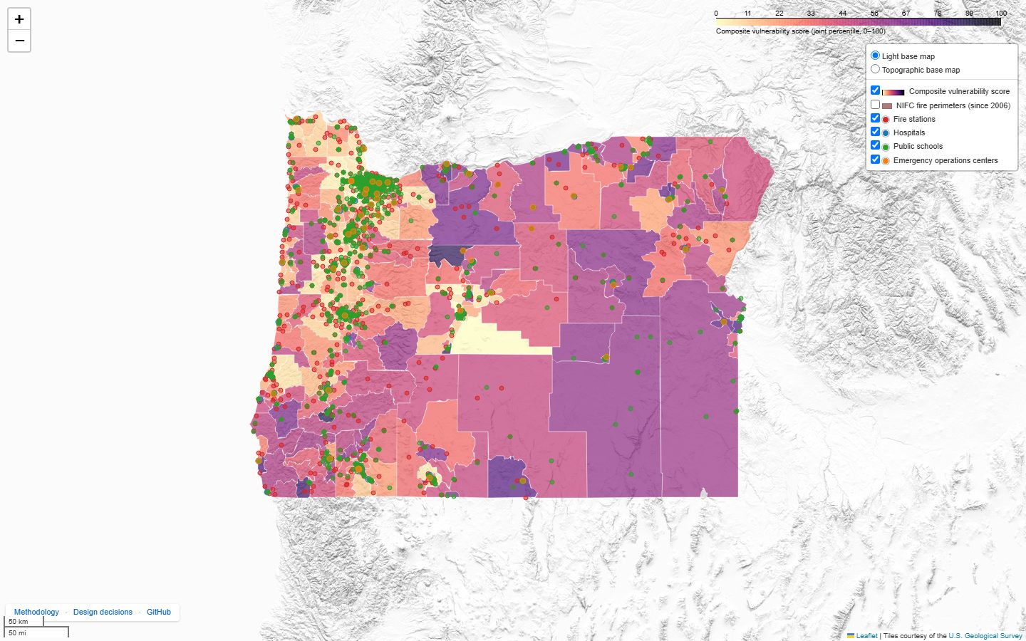 Map of Oregon census tracts shaded by a combined wildfire hazard and social vulnerability score, with fire stations, hospitals, schools and emergency operations centers marked.